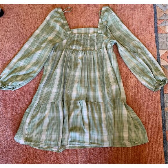 SO Goods For Life Green Plaid Long Sleeve Tiered Mini Dress Cottagecore - Picture 8 of 8